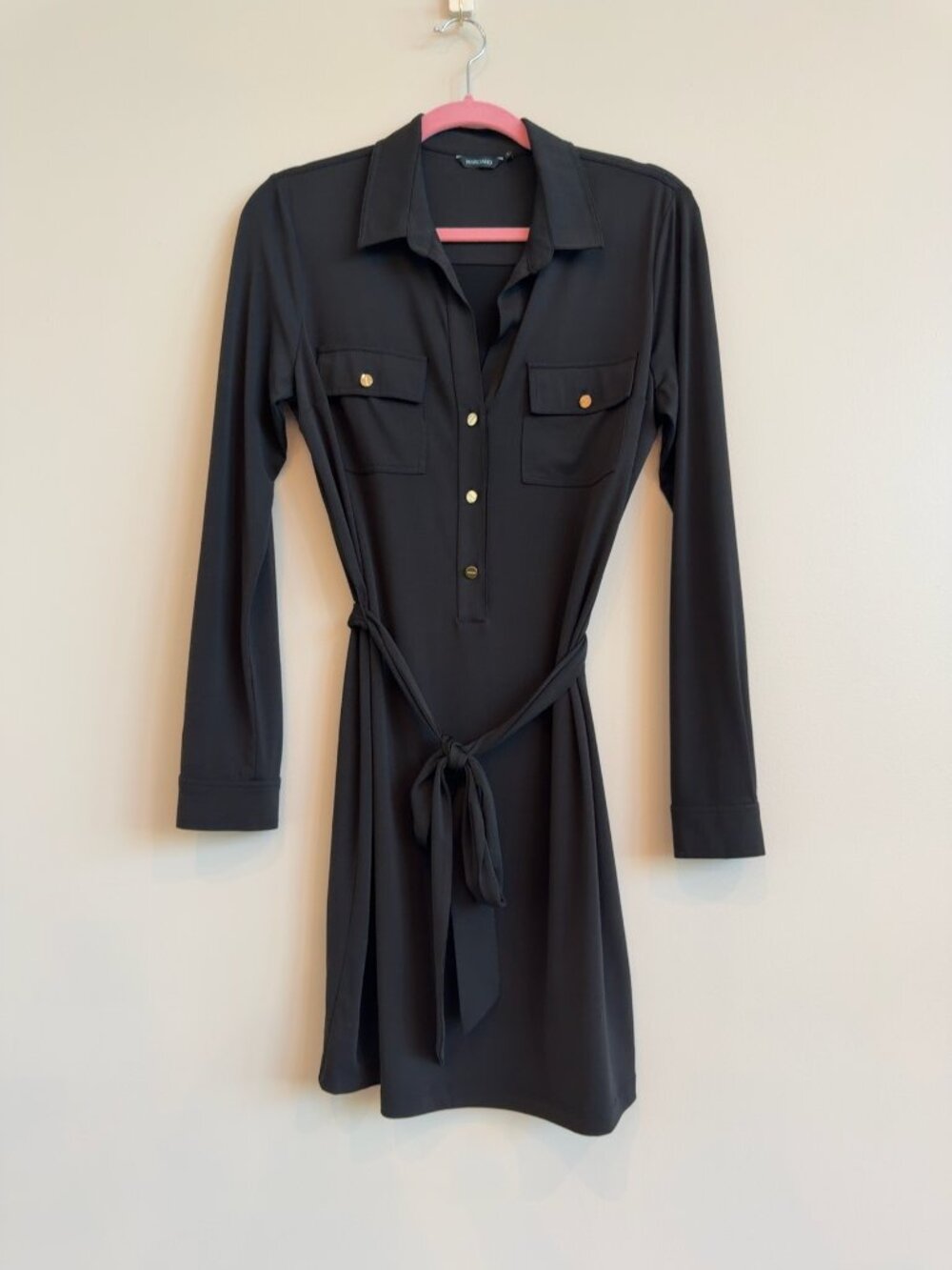 Marciano by GUESS Black Shirt Dress | Stretch Tie Waist Gold Button Dress | Size